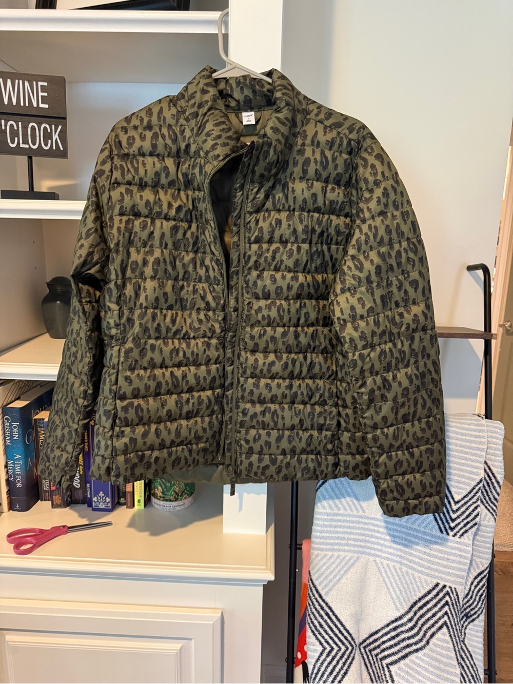 Old Navy Olive Green Leopard Print Puffer Jacket